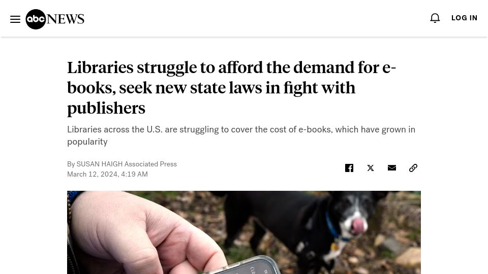 Screenshot of abcnews.go.com: Libraries struggle to afford e-books, seek new laws in fight with publishers