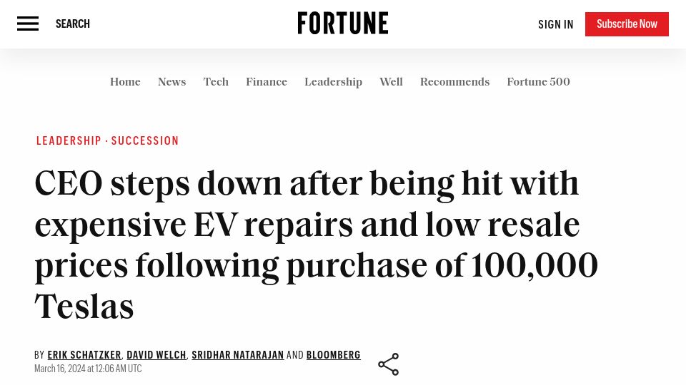 Screenshot of fortune.com: Expensive EV repairs and low resale prices following purchase of 100,000 Teslas