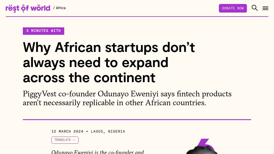 Screenshot of restofworld.org: Why African startups don't always need to expand across the continent