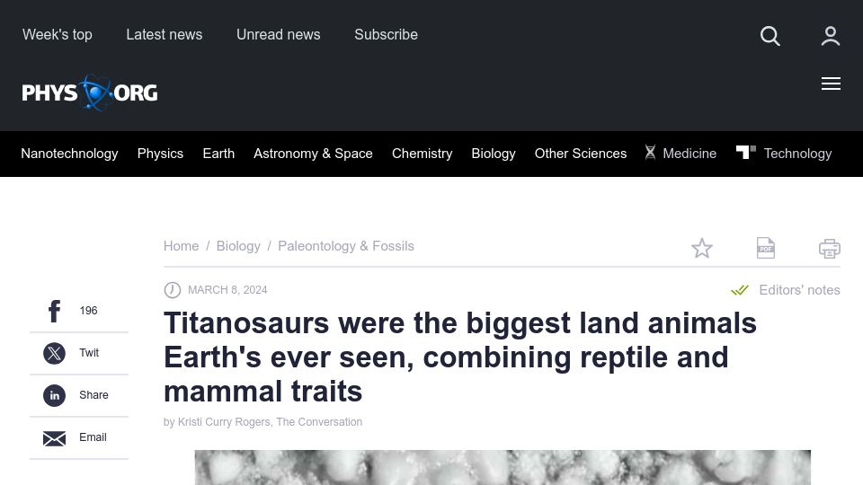 Screenshot of phys.org: Titanosaurs were the biggest land animals Earth's ever seen