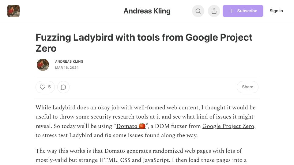 Screenshot of awesomekling.substack.com: Fuzzing Ladybird with tools from Google Project Zero