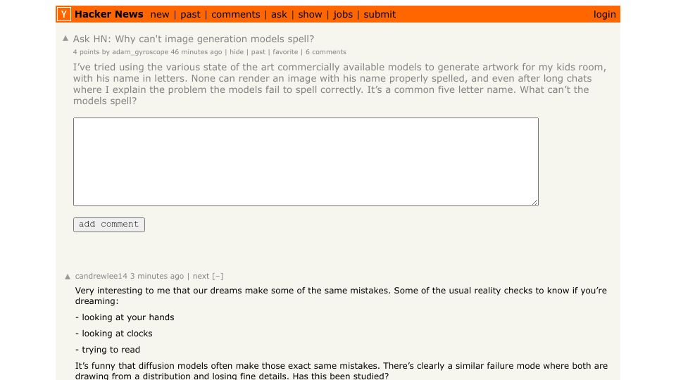Screenshot of Hacker News post: Ask HN: Why can't image generation models spell?