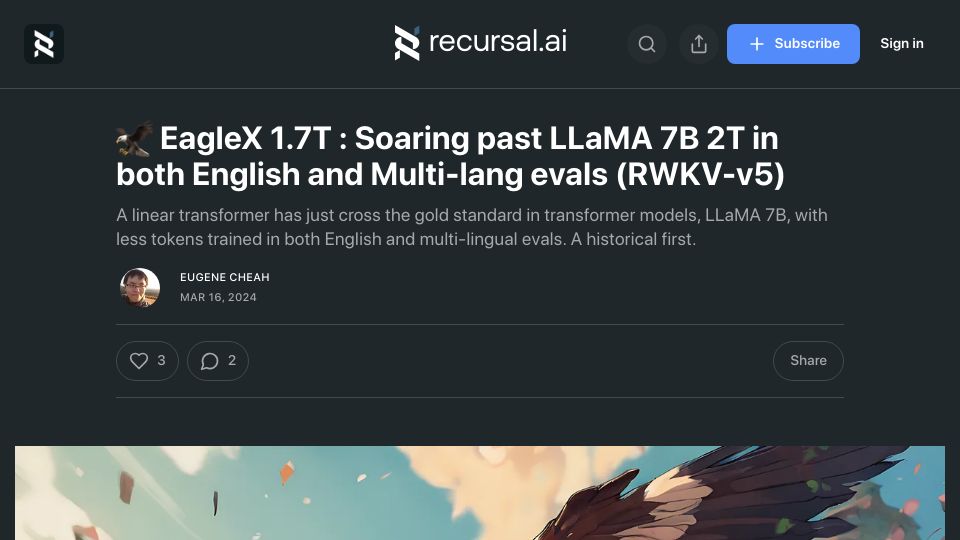 Screenshot of substack.recursal.ai: EagleX 1.7T: Soaring past LLaMA 7B 2T in both English and Multi-lang evals
