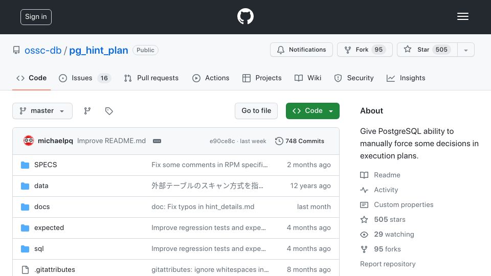 Screenshot of github.com: Pg_hint_plan: Force PostgreSQL to execute query plans the way you want
