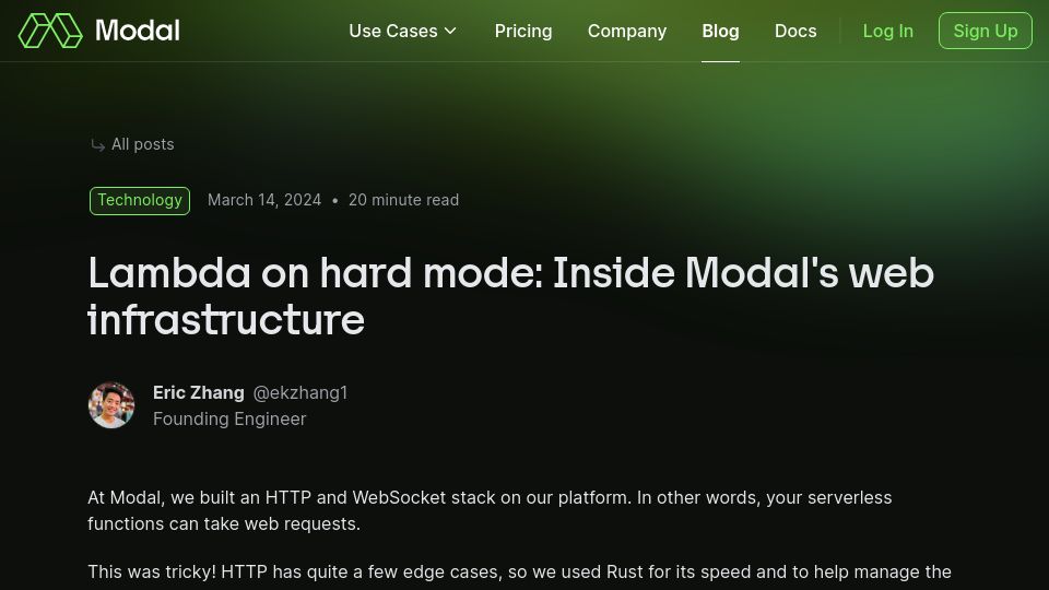 Screenshot of modal.com: Lambda on hard mode: serverless HTTP in Rust