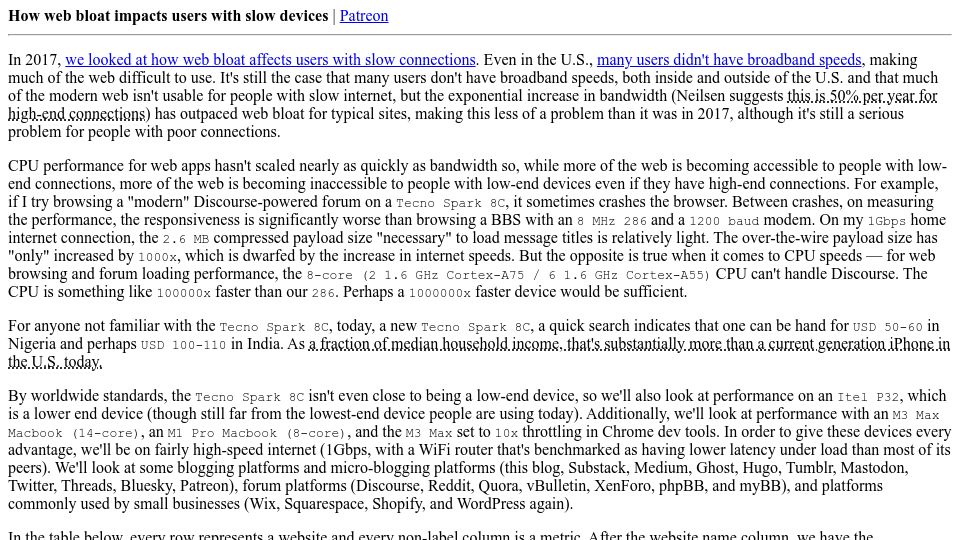 Screenshot of danluu.com: How web bloat impacts users with slow devices