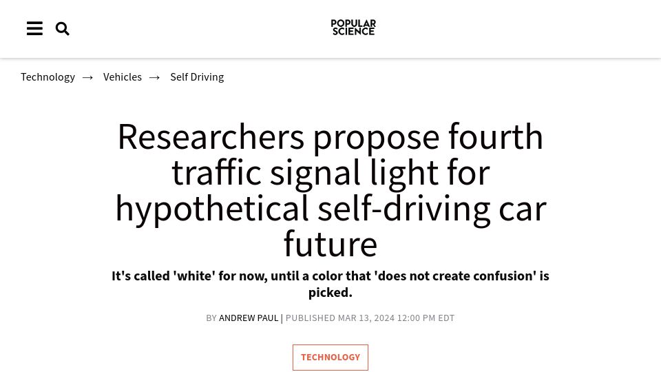 Screenshot of popsci.com: Researchers propose fourth traffic signal light for self-driving car future