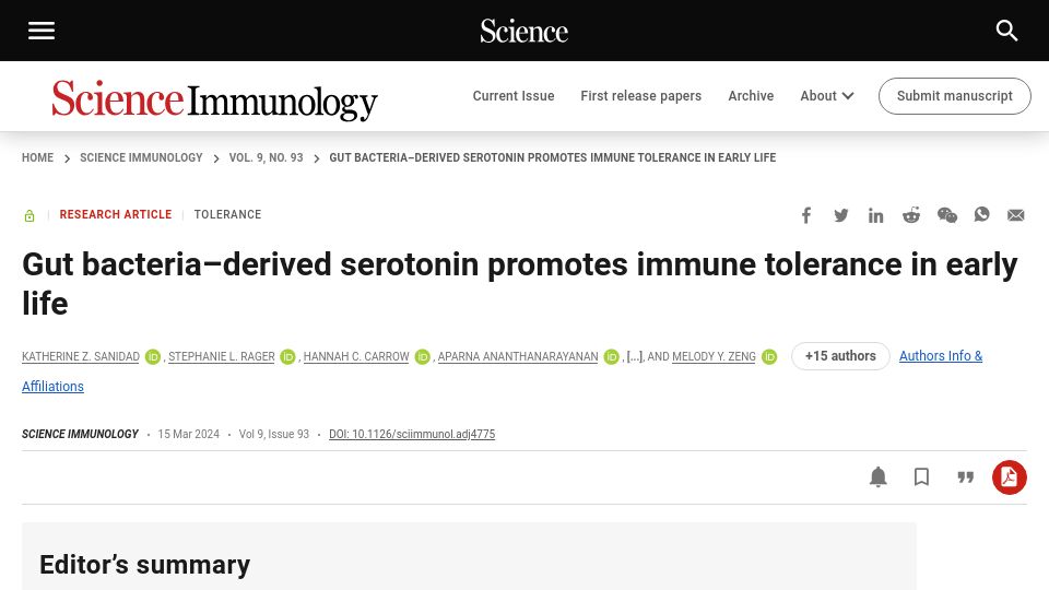 Screenshot of science.org: Gut bacteria–derived serotonin promotes immune tolerance in early life