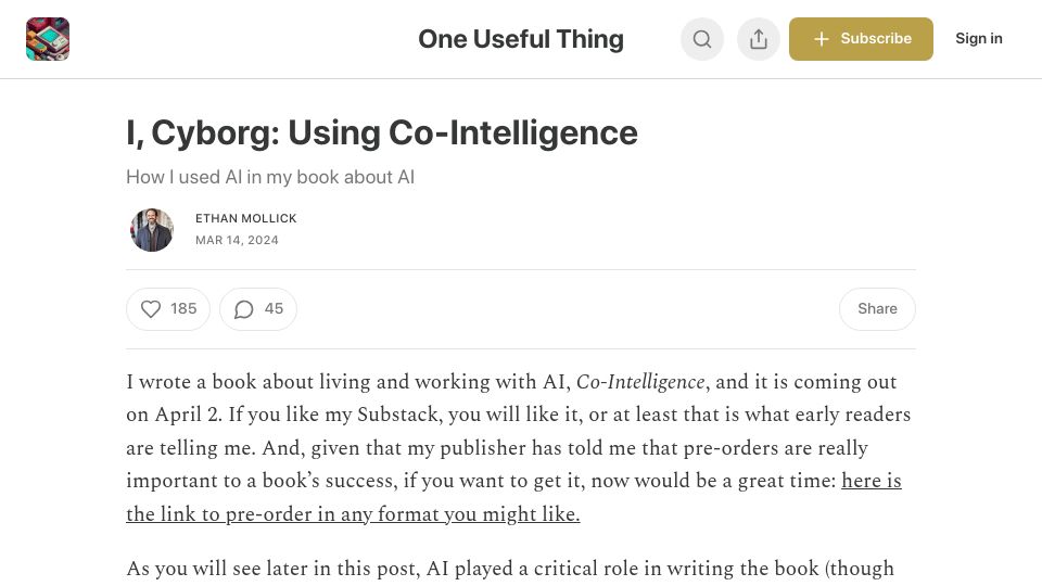 Screenshot of oneusefulthing.org: I, Cyborg: Using Co-Intelligence