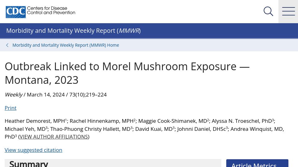 Screenshot of cdc.gov: Outbreak Linked to Morel Mushroom Exposure – Montana, 2023