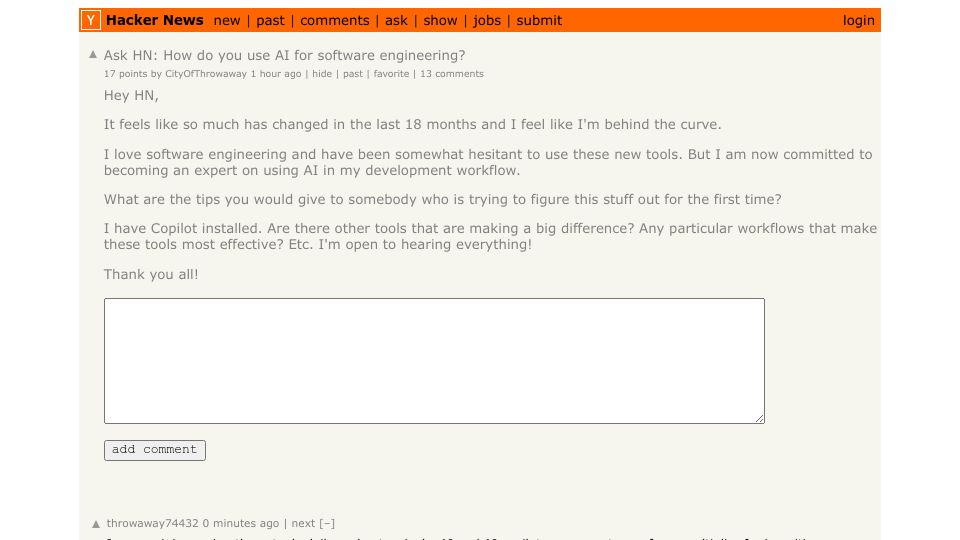 Screenshot of Hacker News post: Ask HN: How do you use AI for software engineering?