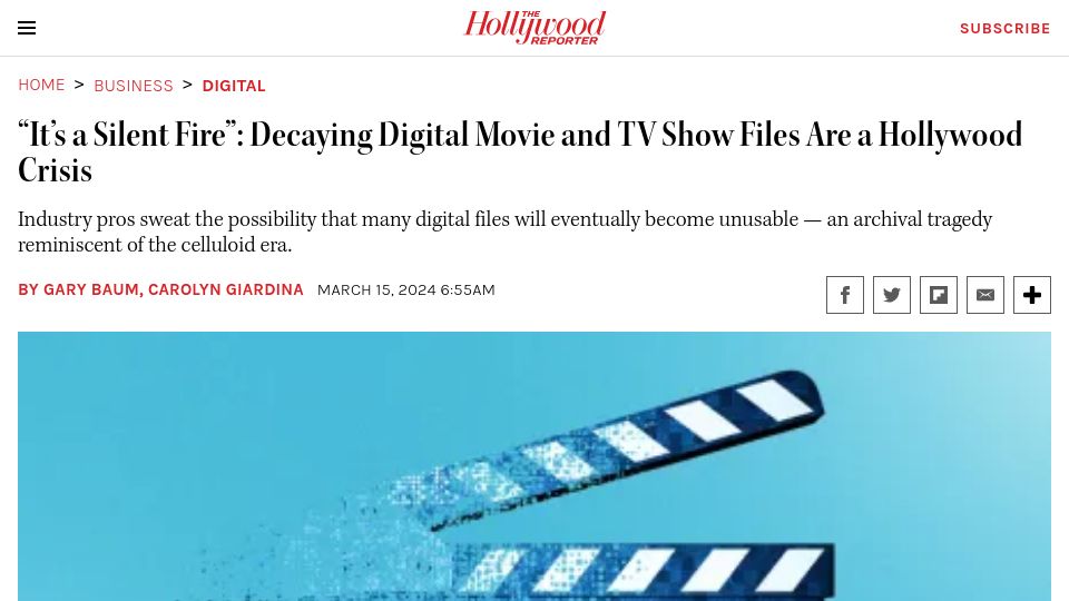 Screenshot of hollywoodreporter.com: "It's a Silent Fire": Decaying Digital Movie and TV Shows Are a Hollywood Crisis