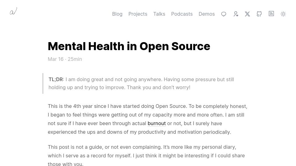 Screenshot of antfu.me: Mental Health in Open Source