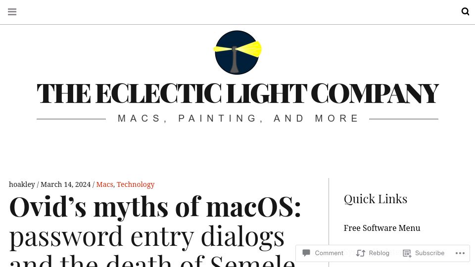 Screenshot of eclecticlight.co: Ovid's myths of macOS: password entry dialogs and the death of Semele