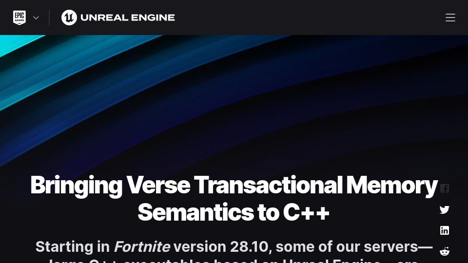 Screenshot of unrealengine.com: Bringing Verse Transactional Memory Semantics to C++