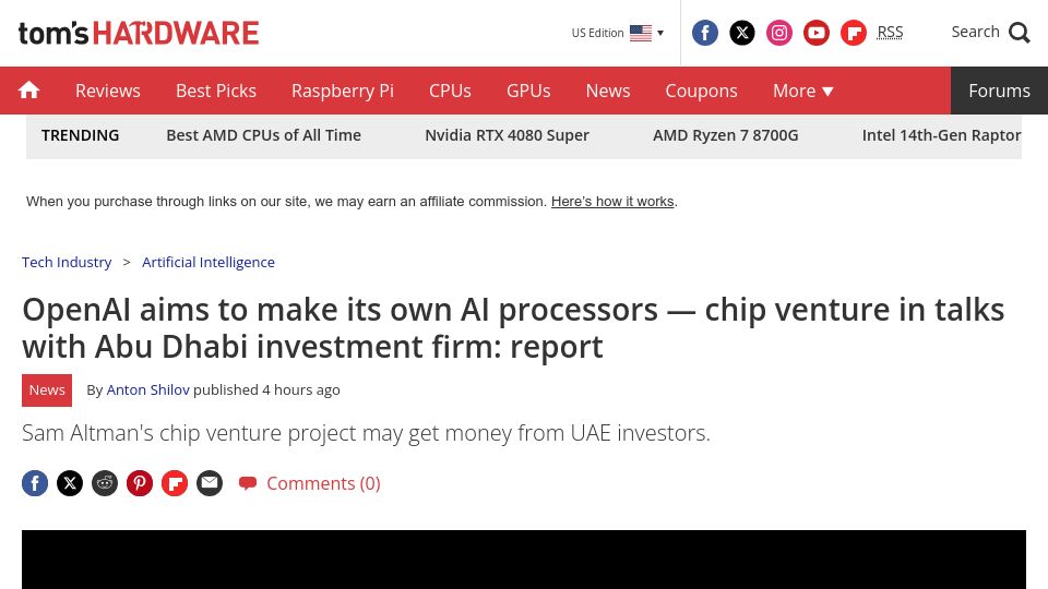 Screenshot of tomshardware.com: OpenAI aims to make its own AI processors – in talks with Abu Dhabi investors