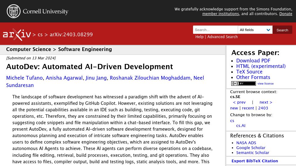 Screenshot of arxiv.org: AutoDev: Automated AI-driven development by Microsoft
