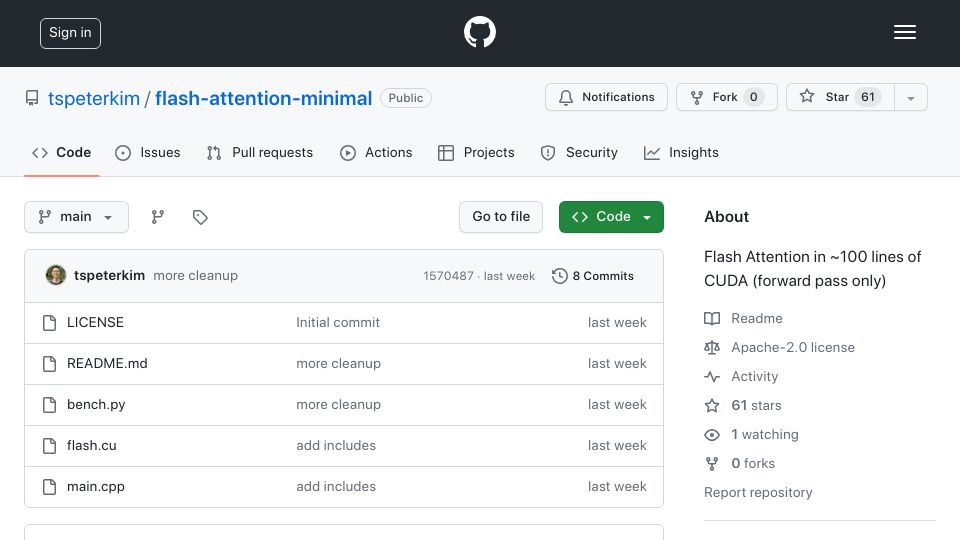 Screenshot of github.com: Show HN: Flash Attention in ~100 lines of CUDA