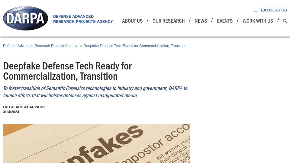 Screenshot of darpa.mil: DARPA to launch efforts that will bolster defenses against manipulated media