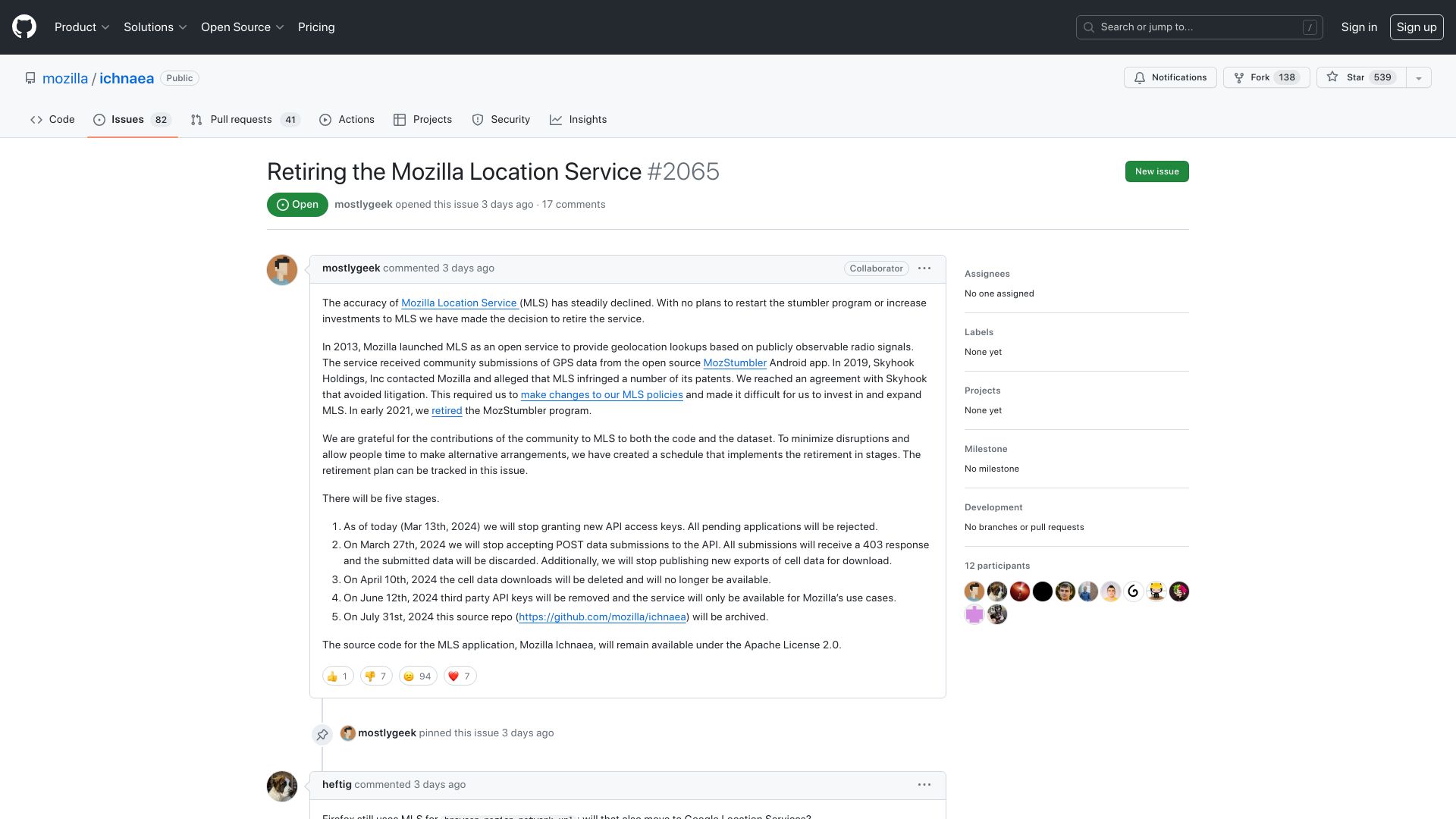 Screenshot of github.com: Mozilla will be retiring the Mozilla Location Service