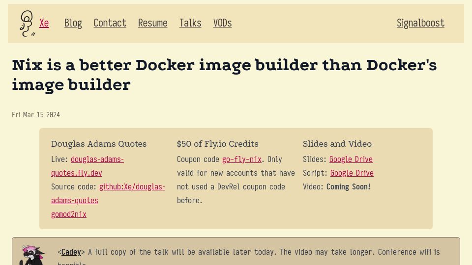 Screenshot of xeiaso.net: Nix is a better Docker image builder than Docker's image builder