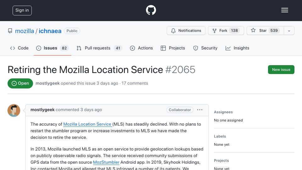 Screenshot of github.com: Mozilla will be retiring the Mozilla Location Service