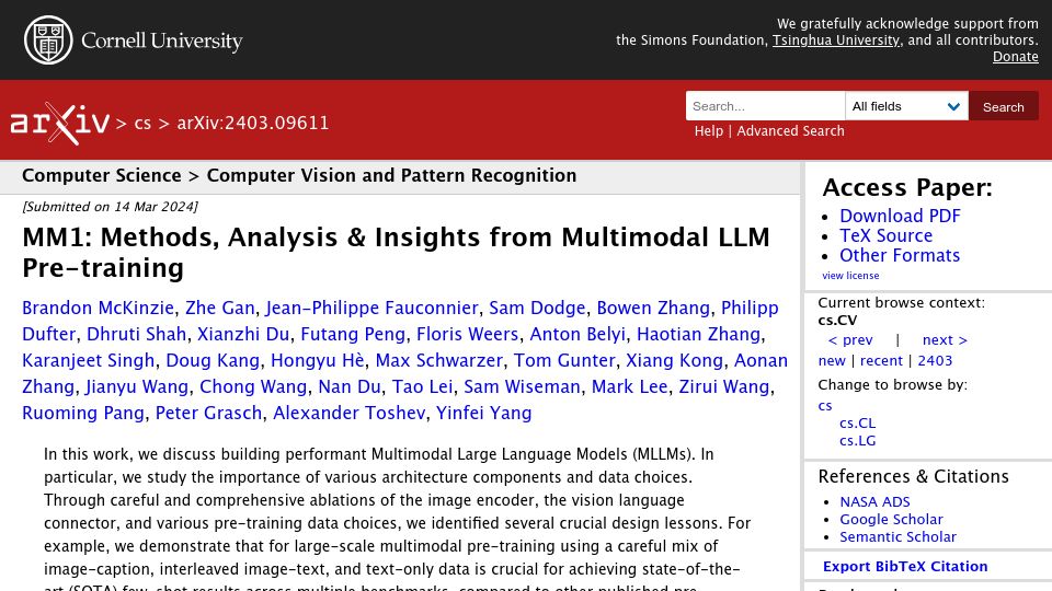 Screenshot of arxiv.org: MM1: Methods, Analysis and Insights from Multimodal LLM Pre-training