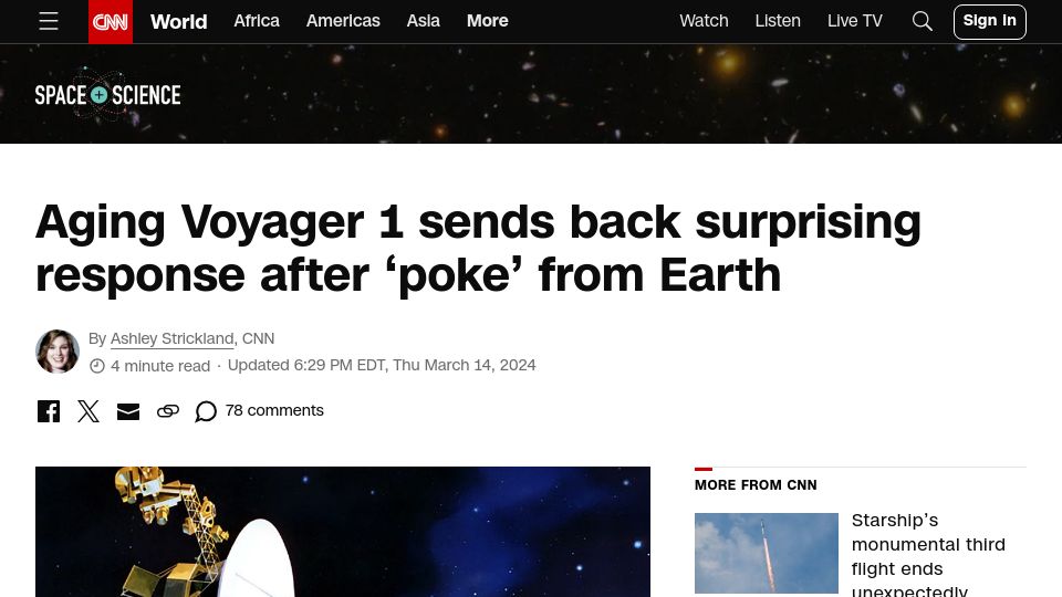 Screenshot of cnn.com: Aging Voyager 1 sends back surprising response after 'poke' from Earth