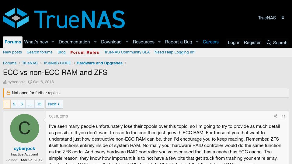 Screenshot of truenas.com: ECC vs. non-ECC RAM and ZFS (2013)