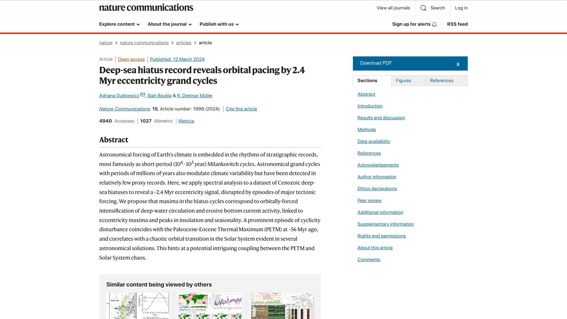 Screenshot of nature.com: Deep-sea hiatus record reveals orbital 2.4 Myr paced eccentricity grand cycles
