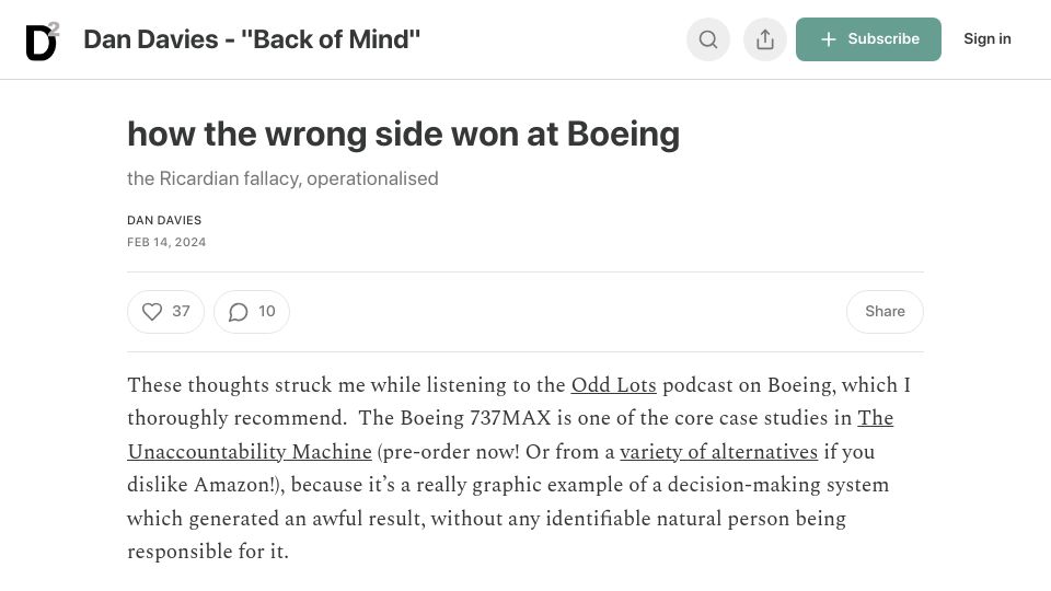 Screenshot of backofmind.substack.com: How the wrong side won at Boeing