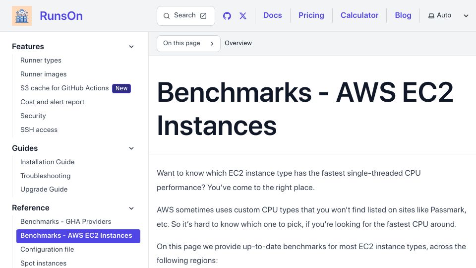 Screenshot of runs-on.com: What's the fastest EC2 instance CPU?