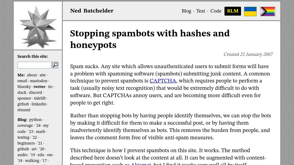Screenshot of nedbatchelder.com: Stopping Spambots with Hashes and Honeypots (2007)