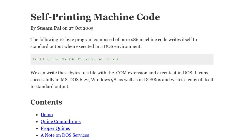 Screenshot of susam.net: Self-Printing Machine Code (2005)