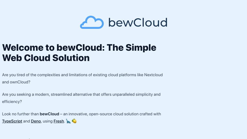 Screenshot of bewcloud.com: Show HN: BewCloud is a simpler alternative to Nextcloud written in TypeScript