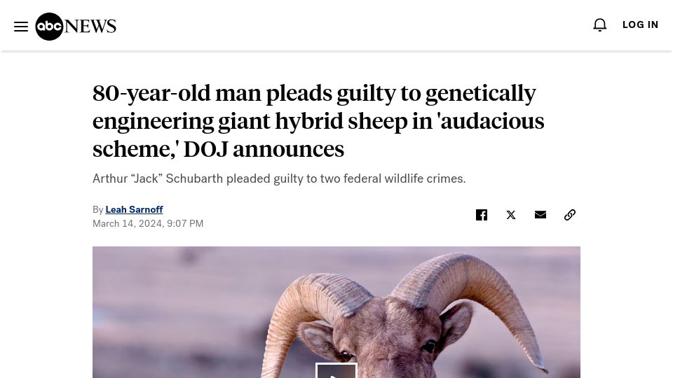 Screenshot of abcnews.go.com: Man pleads guilty to genetically engineering giant hybrid sheep