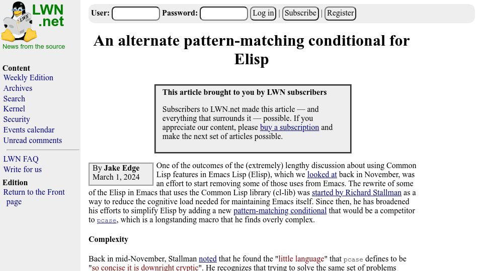 Screenshot of lwn.net: An alternate pattern-matching conditional for Elisp