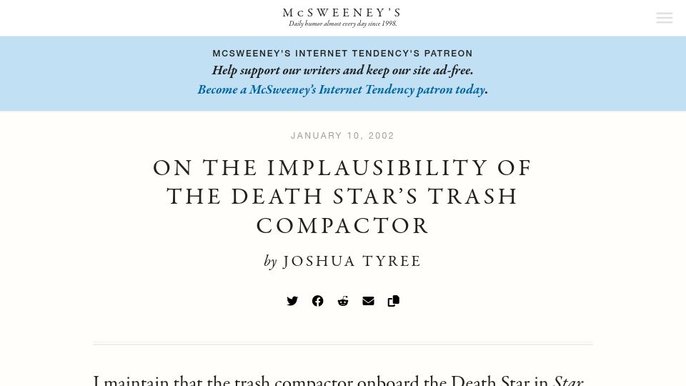 Screenshot of mcsweeneys.net: On the implausibility of the Death Star's trash compactor (2002)
