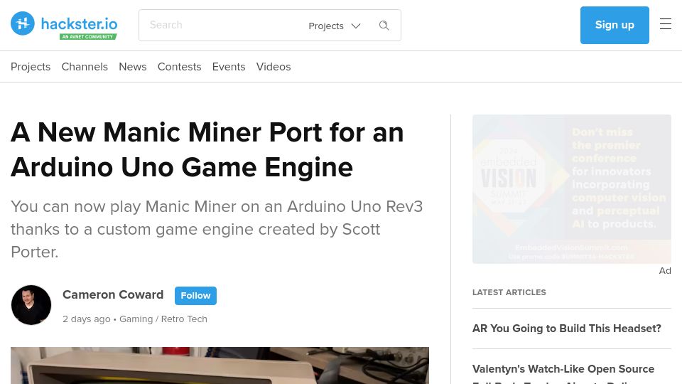 Screenshot of hackster.io: A New Manic Miner Port for an Arduino Uno Game Engine
