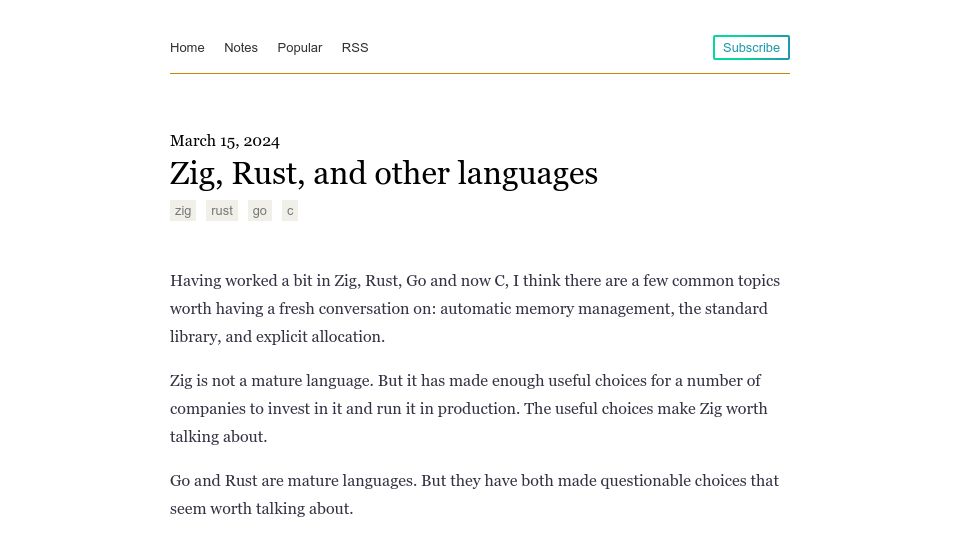 Screenshot of notes.eatonphil.com: Zig, Rust, and Other Languages