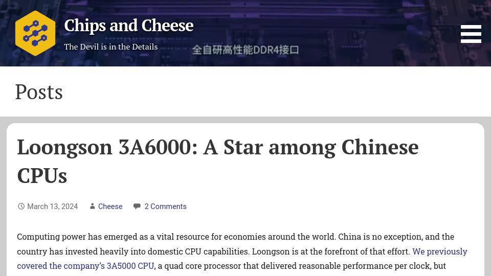 Screenshot of chipsandcheese.com: Loongson 3A6000: A Star Among Chinese CPUs