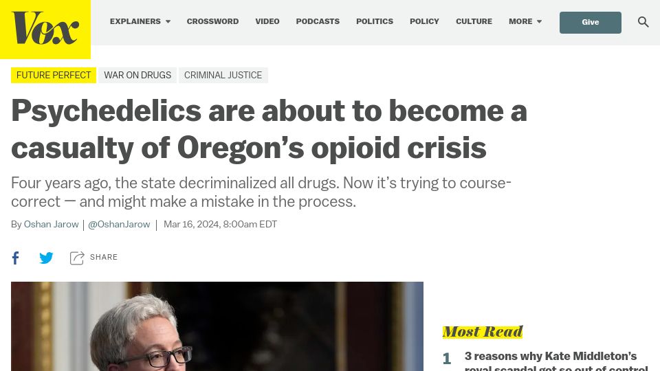 Screenshot of vox.com: Why is Oregon about to re-criminalize psychedelics in response to opioid crisis?