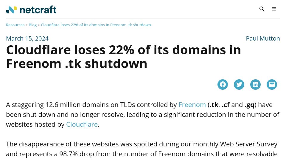 Screenshot of netcraft.com: Cloudflare loses 22% of its domains in Freenom .tk shutdown