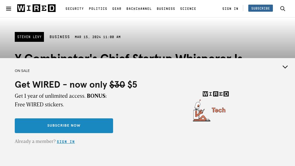Screenshot of wired.com: Y Combinator's chief startup whisperer is demoting himself