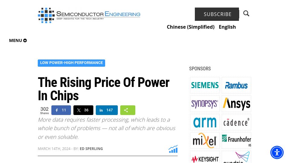 Screenshot of semiengineering.com: The Rising Price of Power in Chips