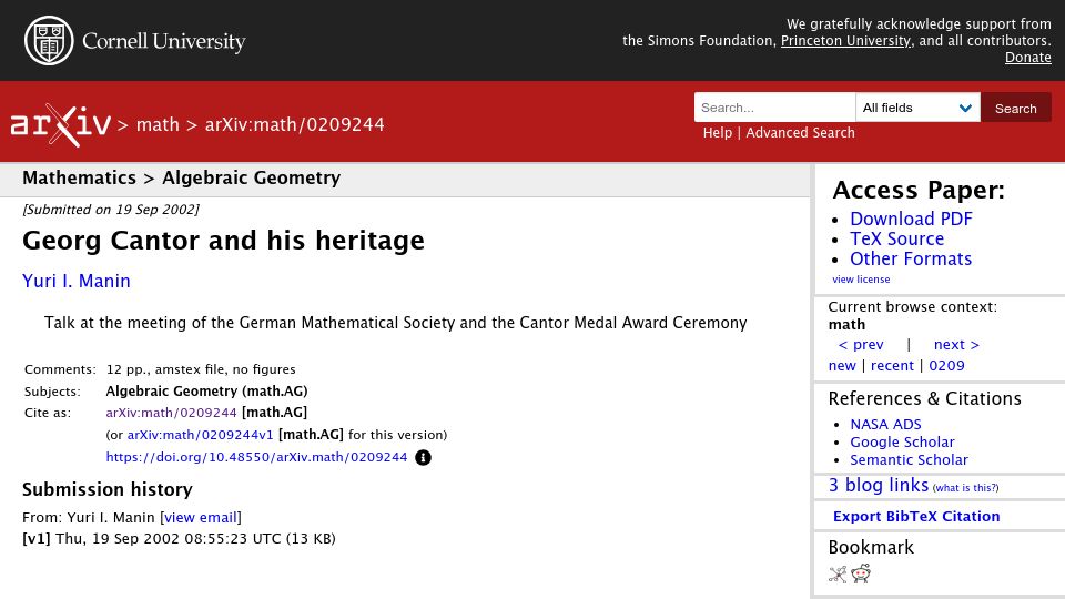 Screenshot of arxiv.org: Georg Cantor and His Heritage