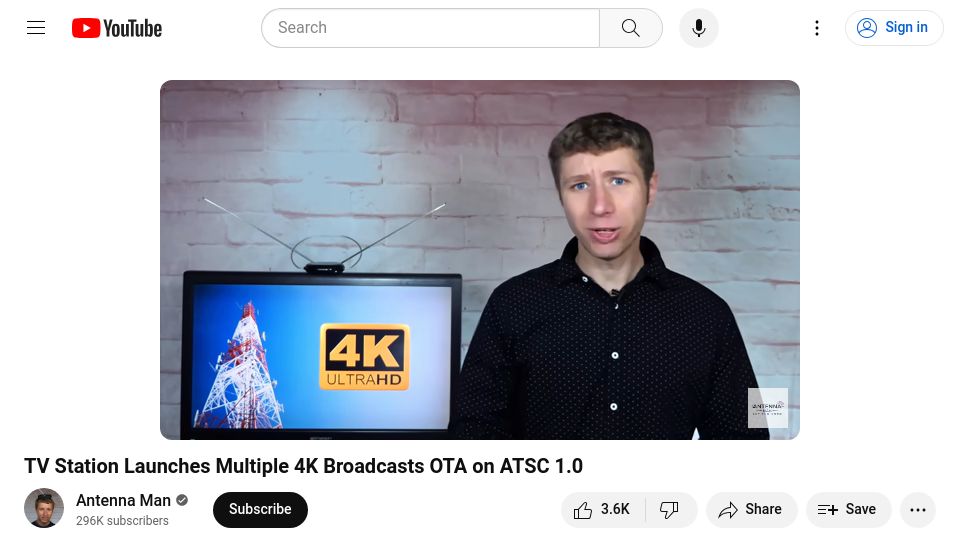 Screenshot of youtube.com: TV Station Launches Multiple 4K Broadcasts OTA on ATSC 1.0 [video]