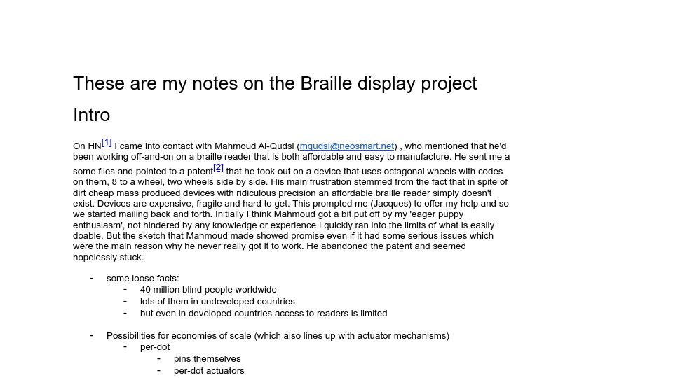 Screenshot of jacquesmattheij.com: Affordable Wheel Based Refreshable Braille Display