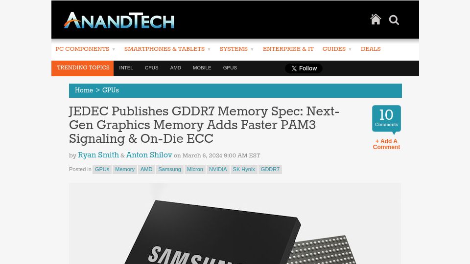 Screenshot of anandtech.com: GDDR7 Memory Spec Adds Faster PAM3 Signaling and On-Die ECC