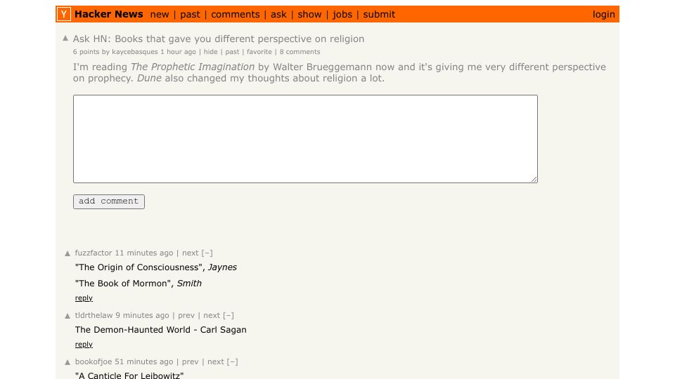 Screenshot of Hacker News post: Ask HN: Books that gave you different perspective on religion